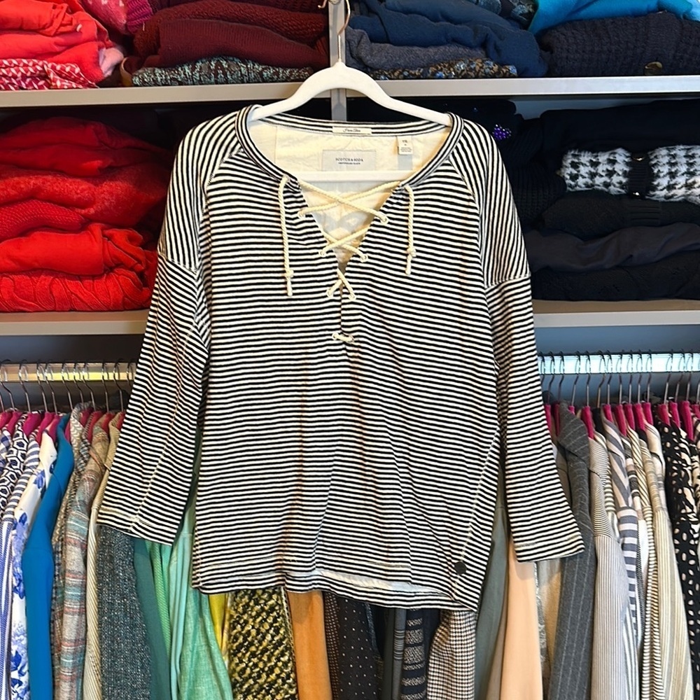 Scotch & Soda black/cream long sleeve tie front top size P